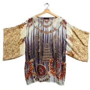 accolade! Tunic Blouse Sz L Multicolor Art To Wear Boat‎ Neck 100% Silk Artsy